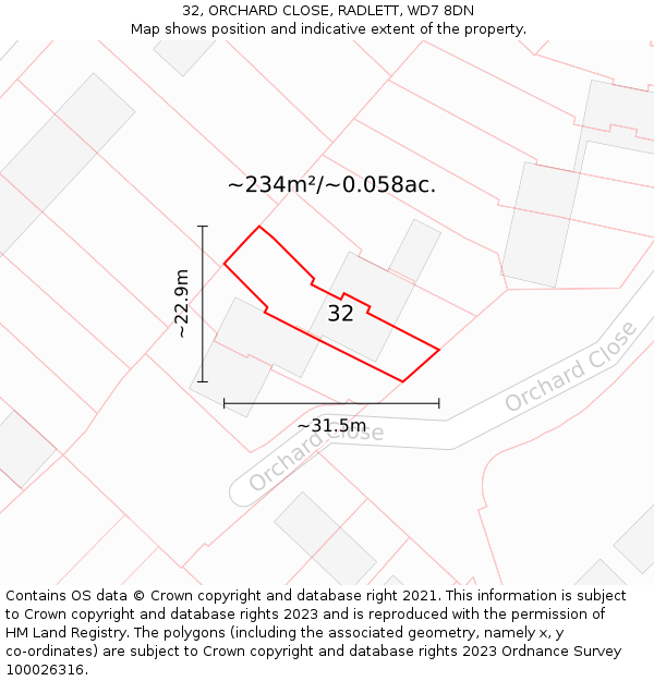 32, ORCHARD CLOSE, RADLETT, WD7 8DN: Plot and title map
