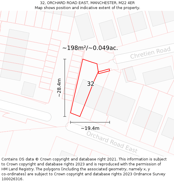 32, ORCHARD ROAD EAST, MANCHESTER, M22 4ER: Plot and title map