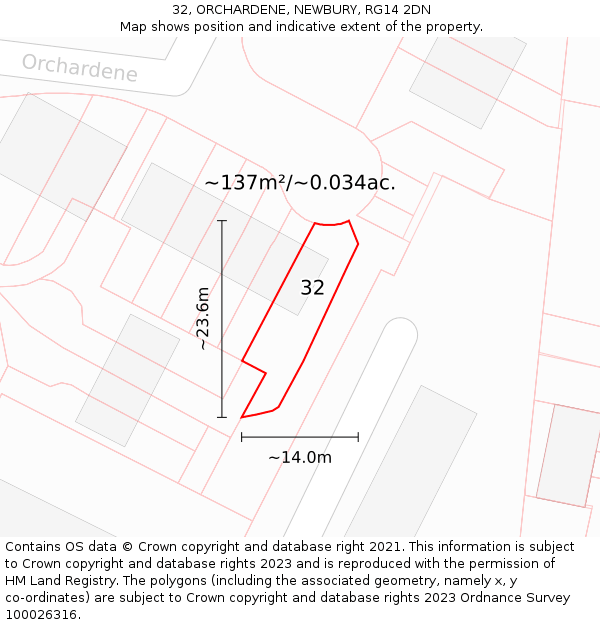 32, ORCHARDENE, NEWBURY, RG14 2DN: Plot and title map