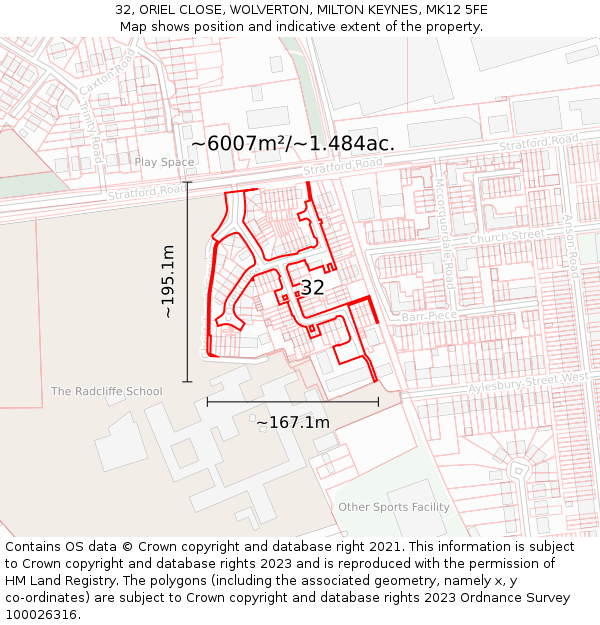 32, ORIEL CLOSE, WOLVERTON, MILTON KEYNES, MK12 5FE: Plot and title map