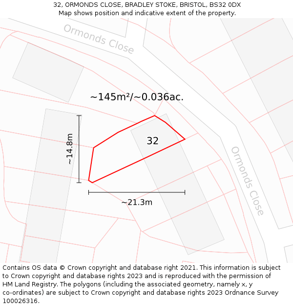 32, ORMONDS CLOSE, BRADLEY STOKE, BRISTOL, BS32 0DX: Plot and title map
