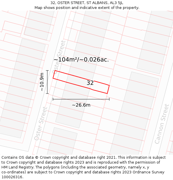 32, OSTER STREET, ST ALBANS, AL3 5JL: Plot and title map