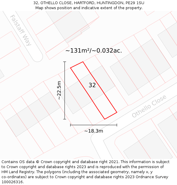 32, OTHELLO CLOSE, HARTFORD, HUNTINGDON, PE29 1SU: Plot and title map