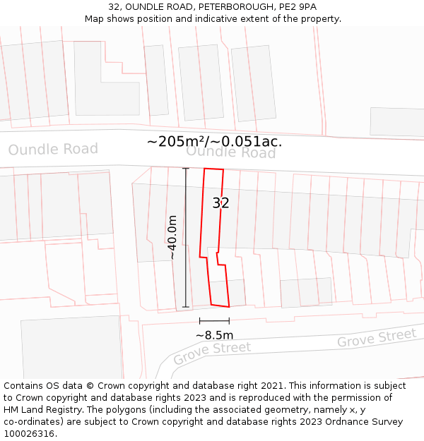 32, OUNDLE ROAD, PETERBOROUGH, PE2 9PA: Plot and title map
