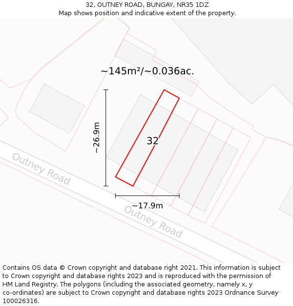 32, OUTNEY ROAD, BUNGAY, NR35 1DZ: Plot and title map