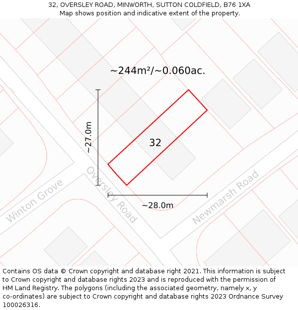 32, OVERSLEY ROAD, MINWORTH, SUTTON COLDFIELD, B76 1XA: Plot and title map