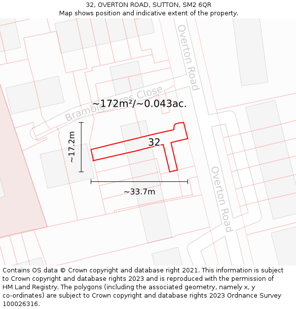 32, OVERTON ROAD, SUTTON, SM2 6QR: Plot and title map