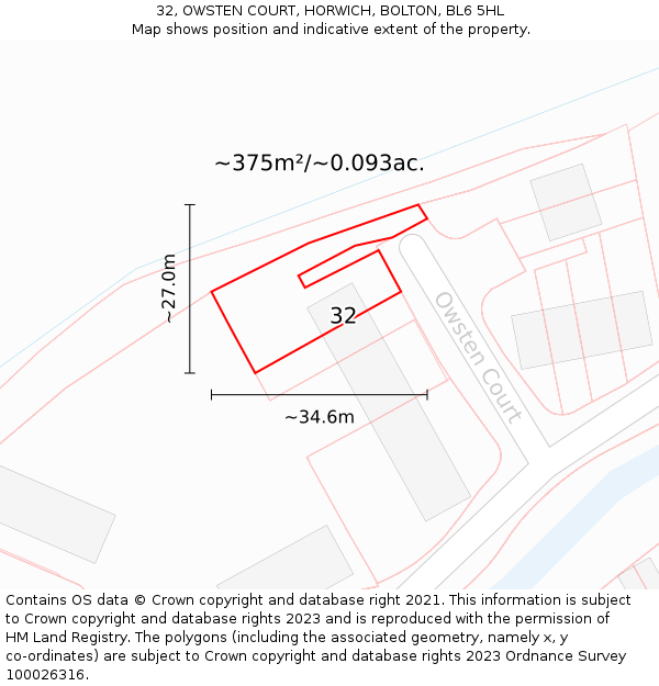 32, OWSTEN COURT, HORWICH, BOLTON, BL6 5HL: Plot and title map