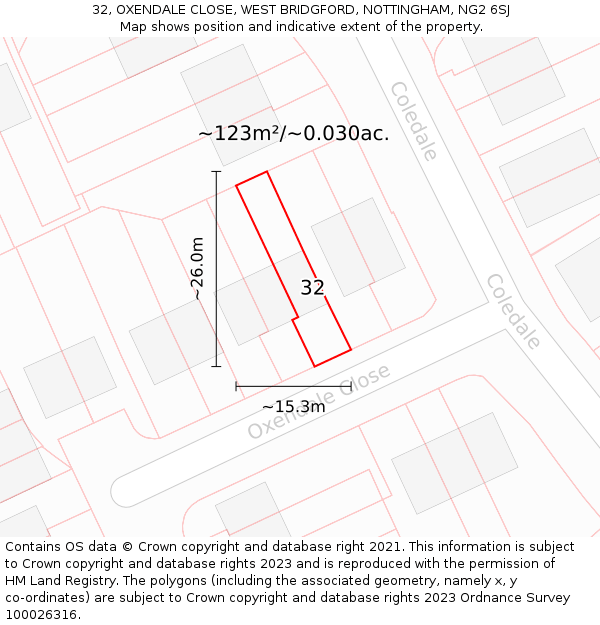 32, OXENDALE CLOSE, WEST BRIDGFORD, NOTTINGHAM, NG2 6SJ: Plot and title map