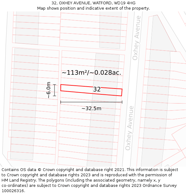 32, OXHEY AVENUE, WATFORD, WD19 4HG: Plot and title map