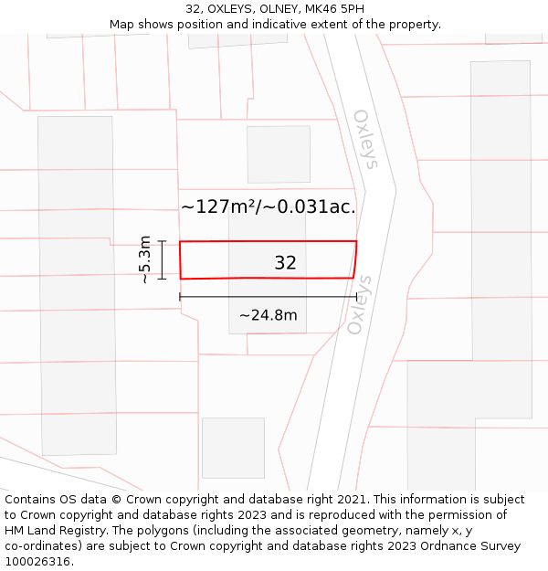 32, OXLEYS, OLNEY, MK46 5PH: Plot and title map