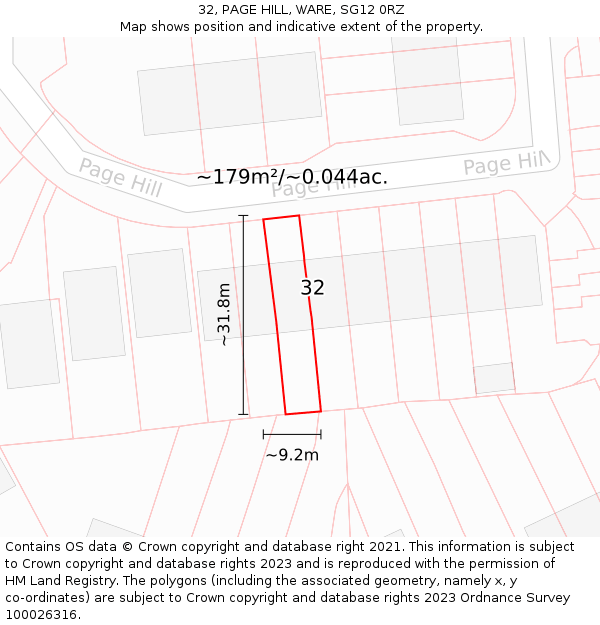 32, PAGE HILL, WARE, SG12 0RZ: Plot and title map