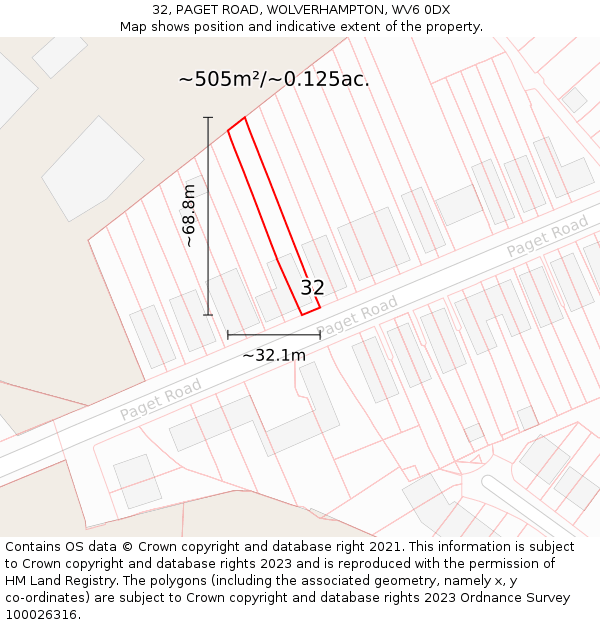 32, PAGET ROAD, WOLVERHAMPTON, WV6 0DX: Plot and title map