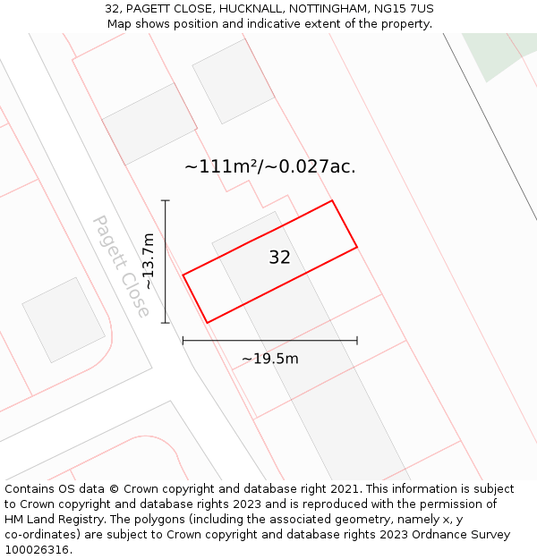 32, PAGETT CLOSE, HUCKNALL, NOTTINGHAM, NG15 7US: Plot and title map