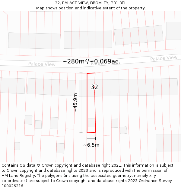 32, PALACE VIEW, BROMLEY, BR1 3EL: Plot and title map
