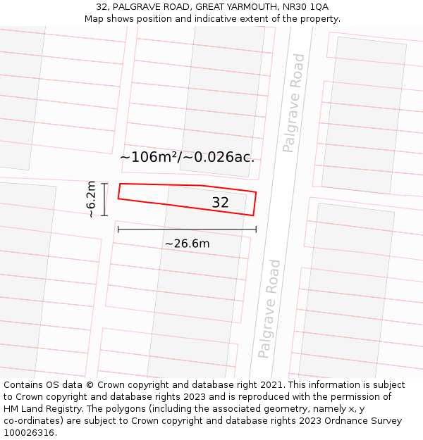 32, PALGRAVE ROAD, GREAT YARMOUTH, NR30 1QA: Plot and title map