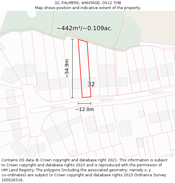 32, PALMERS, WANTAGE, OX12 7HB: Plot and title map