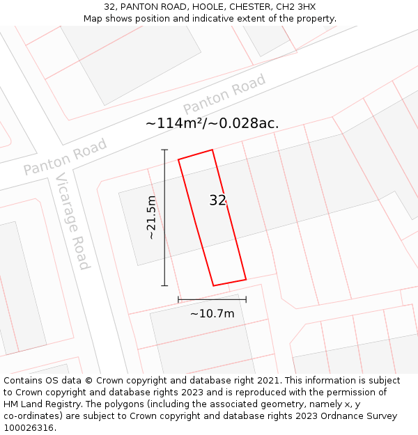 32, PANTON ROAD, HOOLE, CHESTER, CH2 3HX: Plot and title map