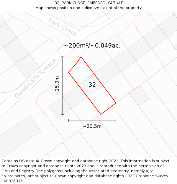 32, PARK CLOSE, FAIRFORD, GL7 4LF: Plot and title map