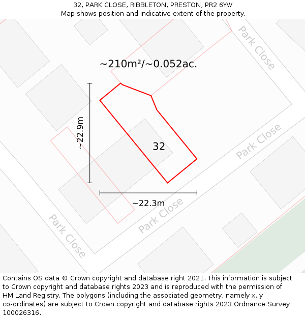 32, PARK CLOSE, RIBBLETON, PRESTON, PR2 6YW: Plot and title map