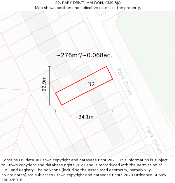 32, PARK DRIVE, MALDON, CM9 5JQ: Plot and title map