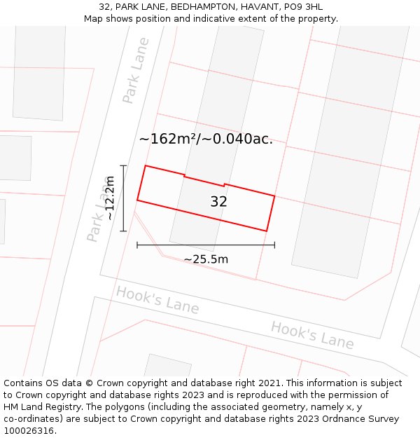 32, PARK LANE, BEDHAMPTON, HAVANT, PO9 3HL: Plot and title map