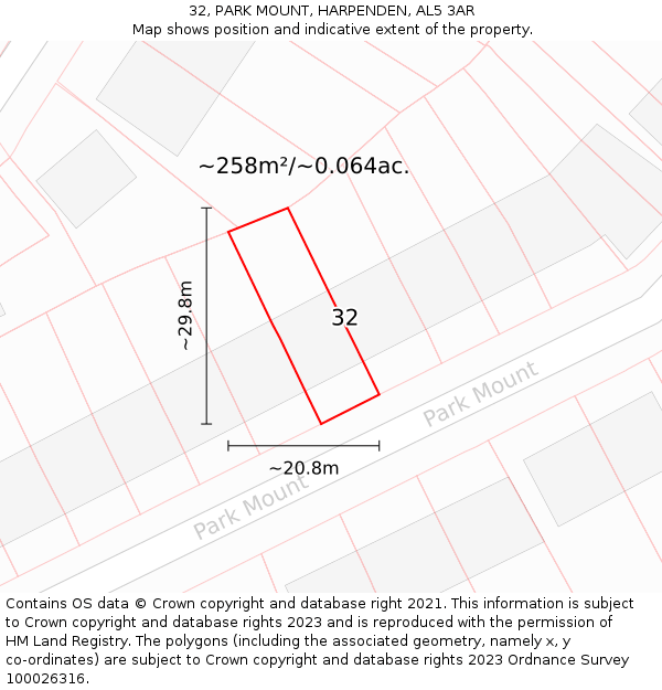32, PARK MOUNT, HARPENDEN, AL5 3AR: Plot and title map