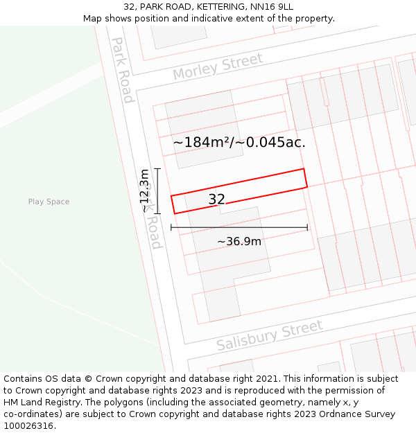 32, PARK ROAD, KETTERING, NN16 9LL: Plot and title map