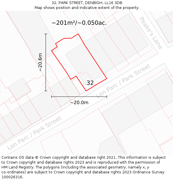 32, PARK STREET, DENBIGH, LL16 3DB: Plot and title map