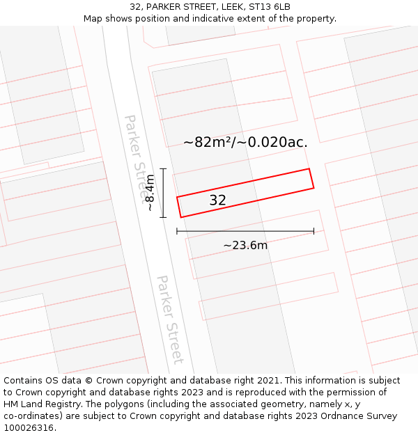 32, PARKER STREET, LEEK, ST13 6LB: Plot and title map
