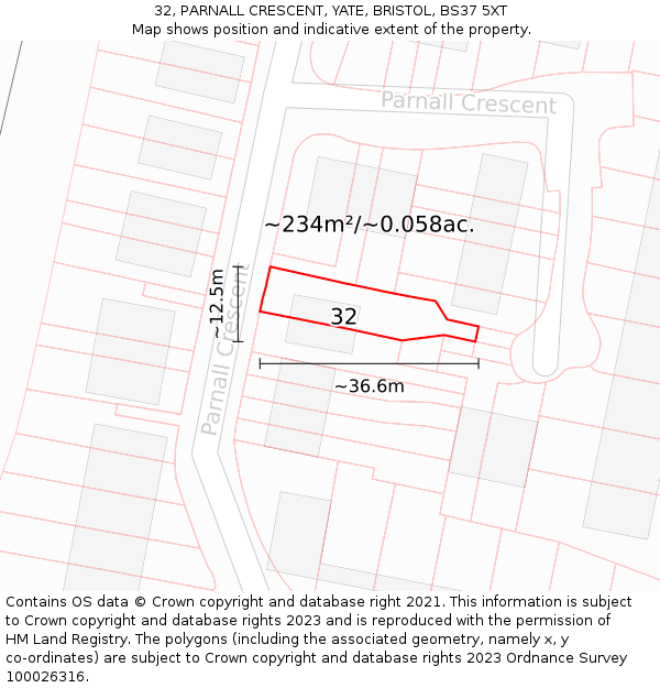 32, PARNALL CRESCENT, YATE, BRISTOL, BS37 5XT: Plot and title map