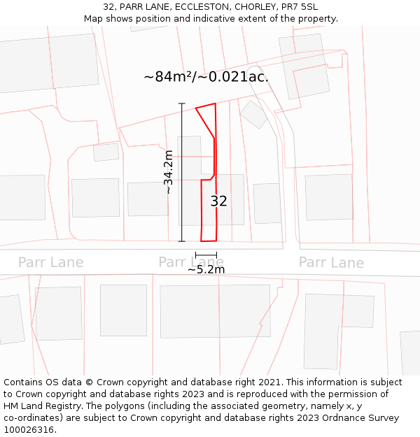 32, PARR LANE, ECCLESTON, CHORLEY, PR7 5SL: Plot and title map