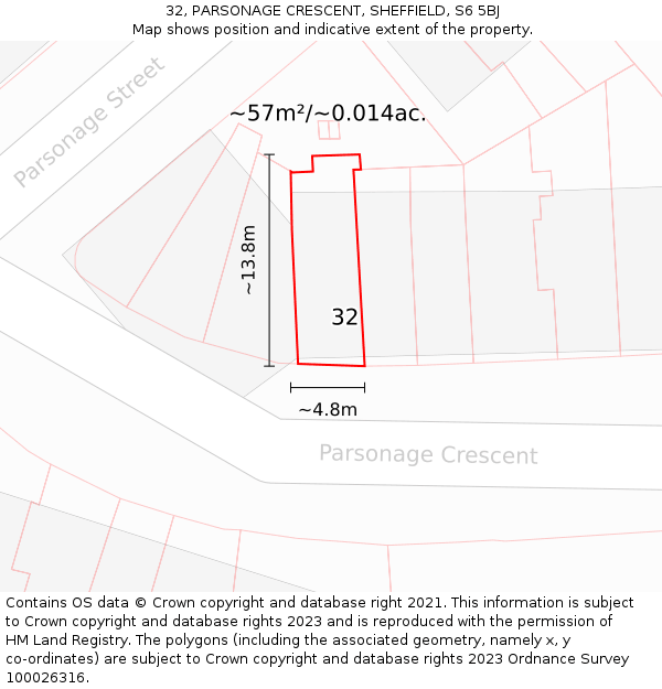 32, PARSONAGE CRESCENT, SHEFFIELD, S6 5BJ: Plot and title map