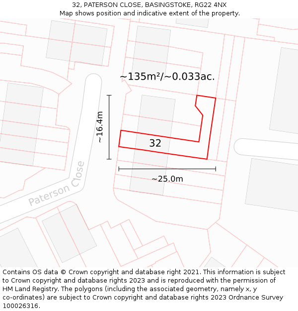 32, PATERSON CLOSE, BASINGSTOKE, RG22 4NX: Plot and title map
