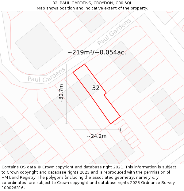 32, PAUL GARDENS, CROYDON, CR0 5QL: Plot and title map