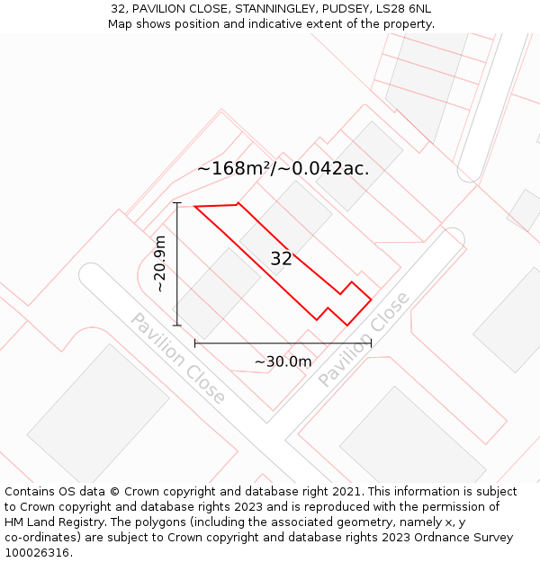 32, PAVILION CLOSE, STANNINGLEY, PUDSEY, LS28 6NL: Plot and title map
