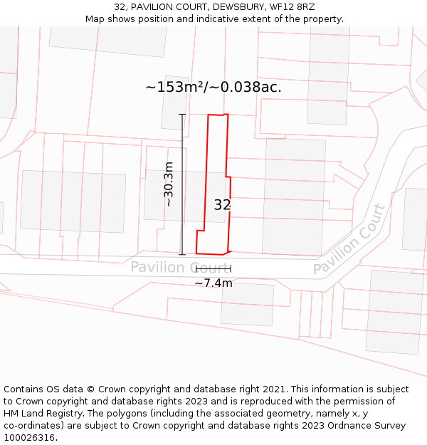 32, PAVILION COURT, DEWSBURY, WF12 8RZ: Plot and title map