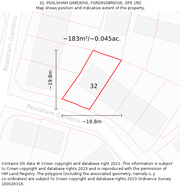 32, PEALSHAM GARDENS, FORDINGBRIDGE, SP6 1RD: Plot and title map