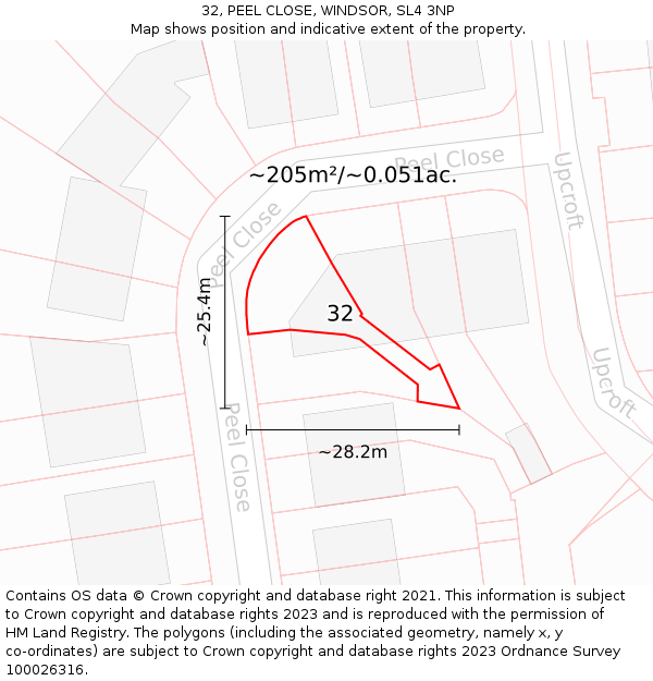 32, PEEL CLOSE, WINDSOR, SL4 3NP: Plot and title map