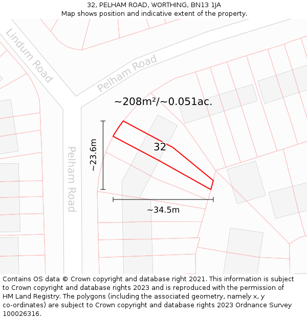 32, PELHAM ROAD, WORTHING, BN13 1JA: Plot and title map
