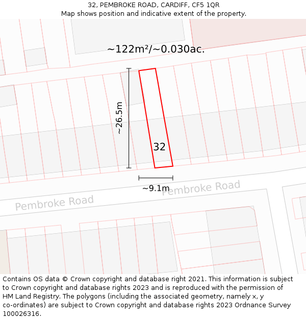 32, PEMBROKE ROAD, CARDIFF, CF5 1QR: Plot and title map