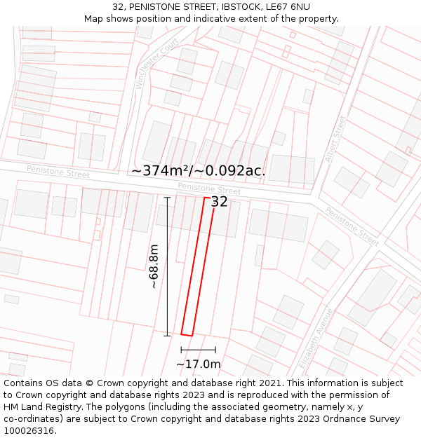 32, PENISTONE STREET, IBSTOCK, LE67 6NU: Plot and title map