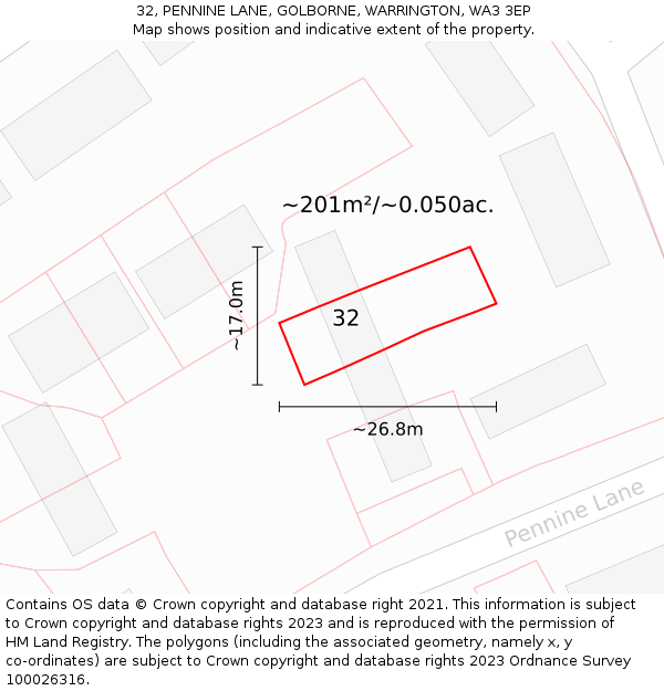 32, PENNINE LANE, GOLBORNE, WARRINGTON, WA3 3EP: Plot and title map