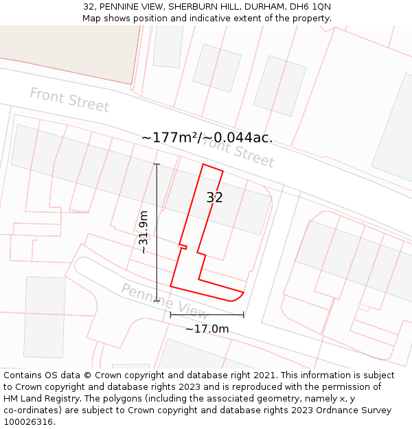 32, PENNINE VIEW, SHERBURN HILL, DURHAM, DH6 1QN: Plot and title map
