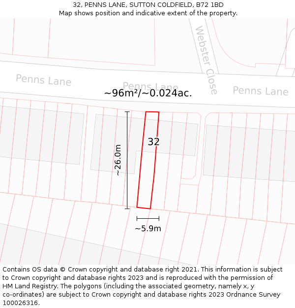 32, PENNS LANE, SUTTON COLDFIELD, B72 1BD: Plot and title map