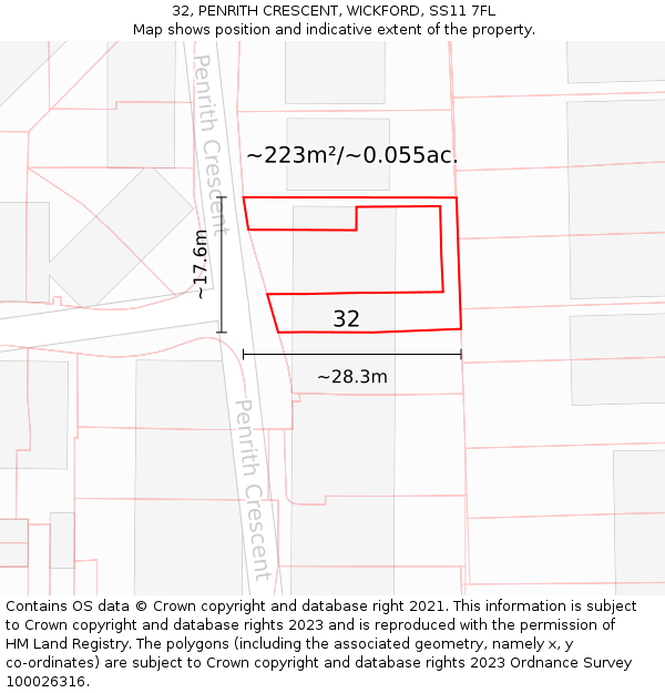 32, PENRITH CRESCENT, WICKFORD, SS11 7FL: Plot and title map