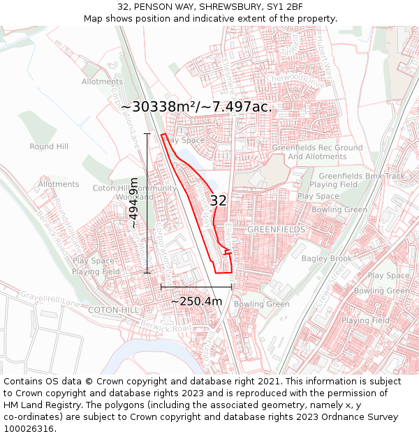 32, PENSON WAY, SHREWSBURY, SY1 2BF: Plot and title map