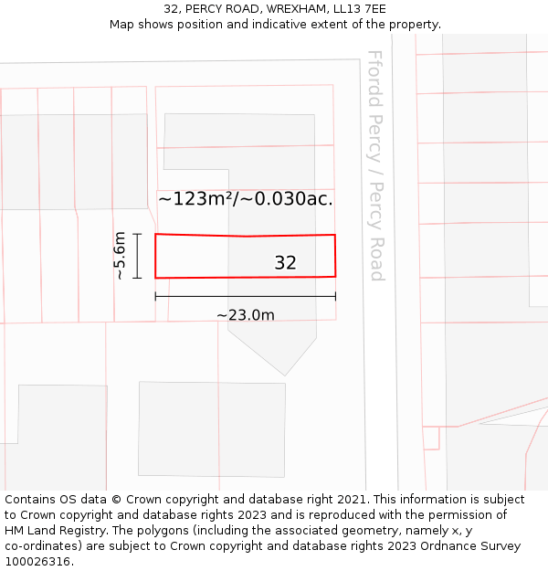 32, PERCY ROAD, WREXHAM, LL13 7EE: Plot and title map
