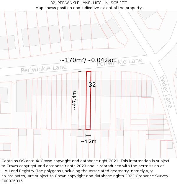 32, PERIWINKLE LANE, HITCHIN, SG5 1TZ: Plot and title map