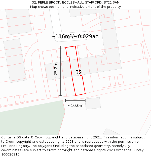 32, PERLE BROOK, ECCLESHALL, STAFFORD, ST21 6AN: Plot and title map